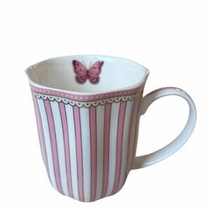 Grace Teaware Porcelain Butterfly Mug Pink & White Striped w/ Gold Accents New